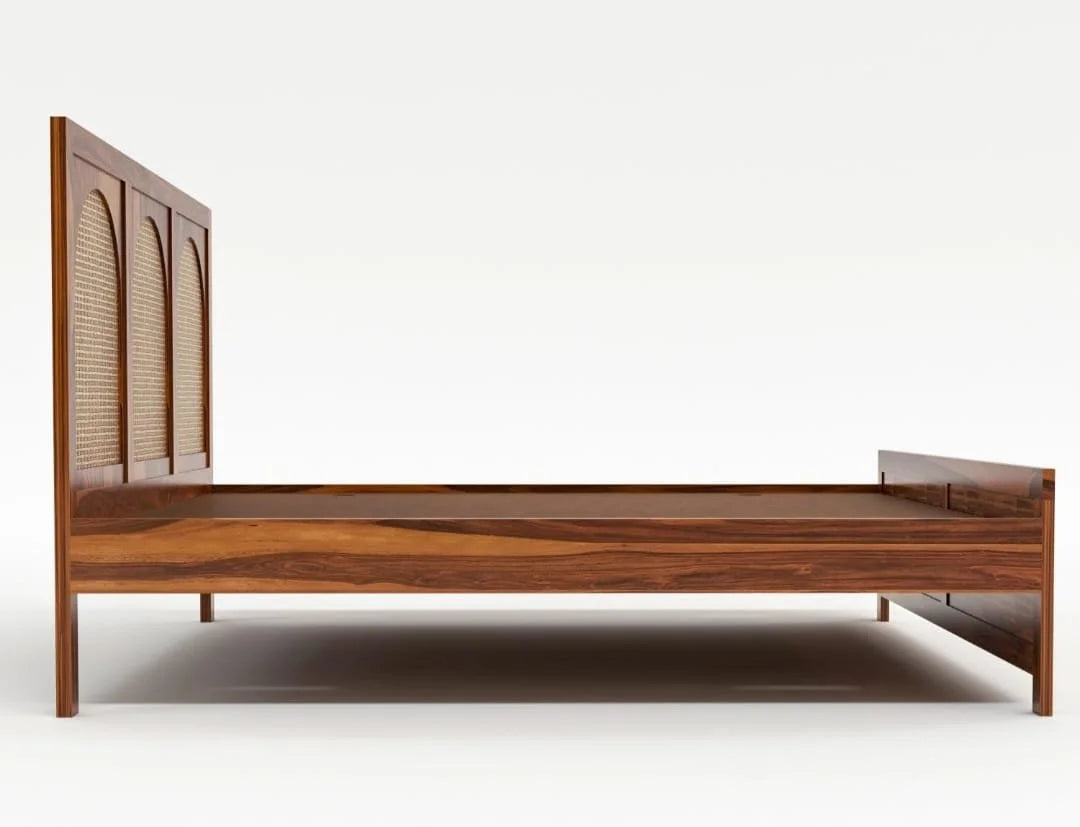 The Cane & Cognac Platform Bed | Sheesham Wood | Rattan