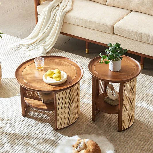 Bohemia Rattan Coffee & Side Table Set Mango Wood Center Table with Storage Shelf for Living Room & Office