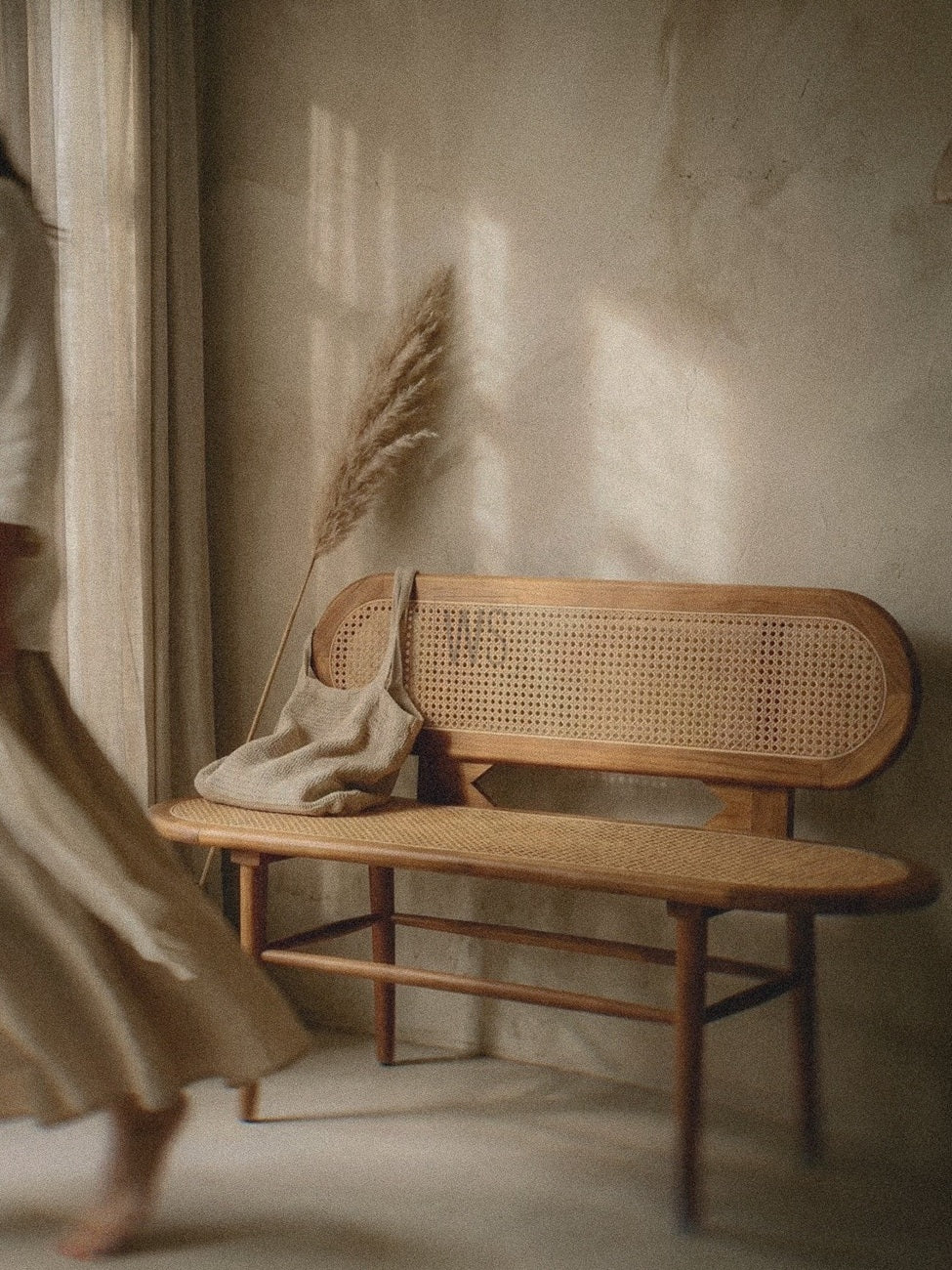 Carvona Wooden Bench Handwoven Rattan | Acacia Wood