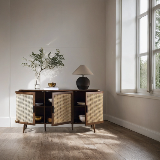 Rattan Weave Sideboard Cabinet 3 Door | Sheesham Wood