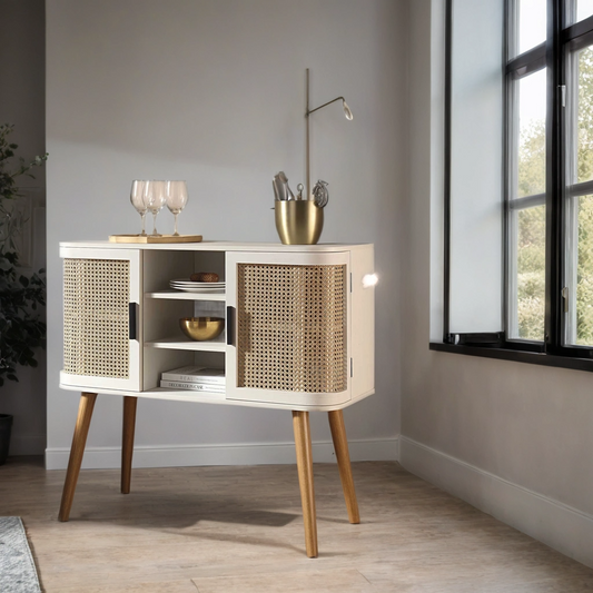 Rattan Weave White Buffet Sideboard | Mango Wood