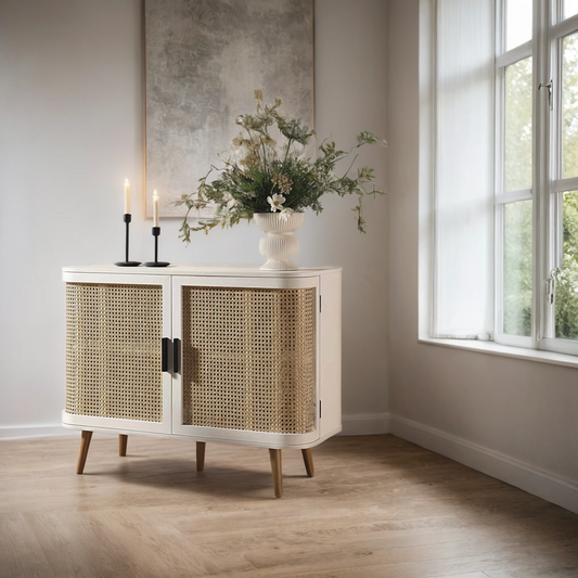 Rattan Weave White Low Sideboard Cabinet | Mango Wood