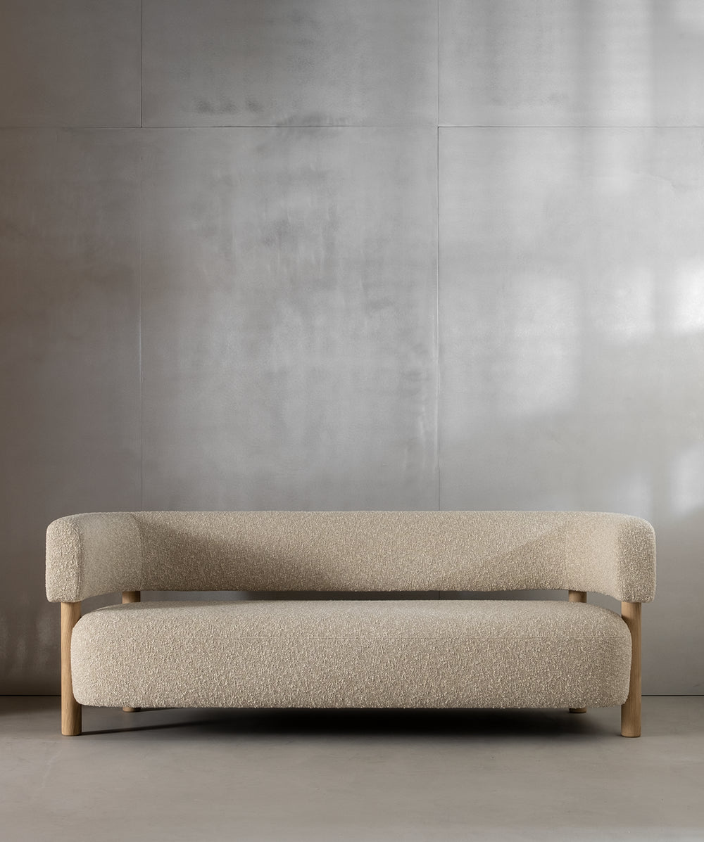 The Dune Three Seater Sofa | Beige Boucle | White Plain