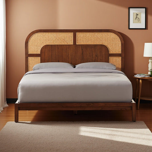 The Cantilever Rattan Cage Upholstered Bed | Sheesham Wood