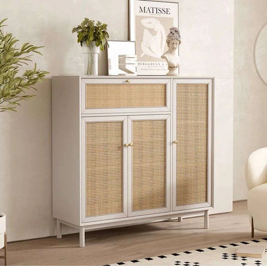 Rattan Weave White Shoe Rack 3 Door | Mango Wood