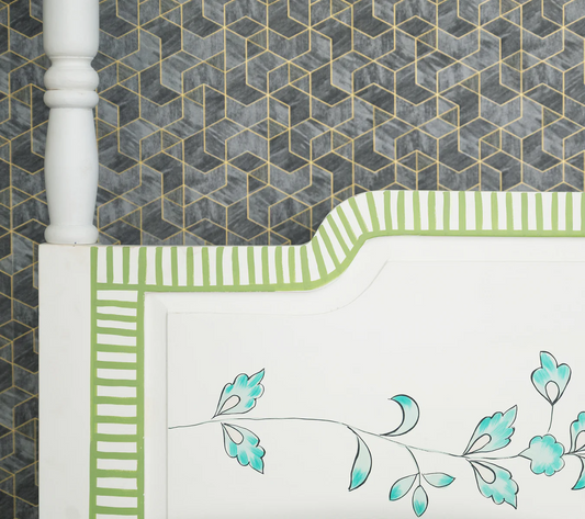 Flowera Four Poster bed | Mango Wood | White | Hand Painted