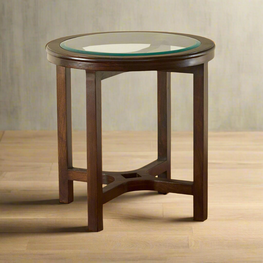 Round Side and End Table Glass Top Mango Wood