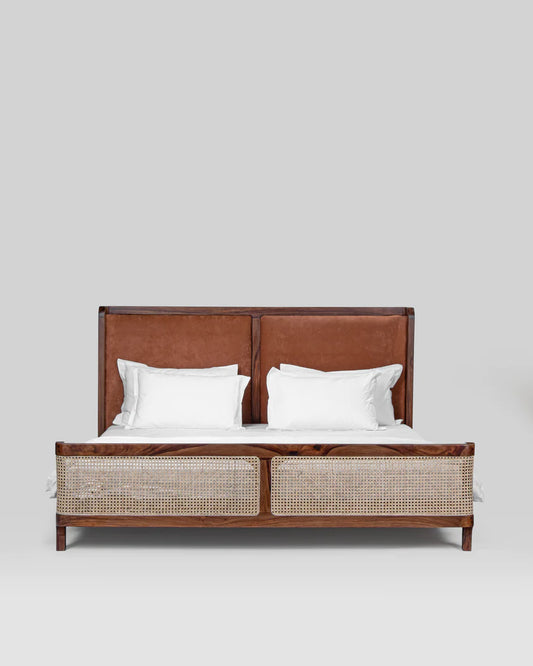 The Seraph Rattan Cage Upholstered Bed | Sheesham Wood
