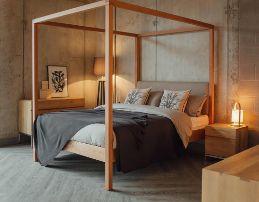 The Holy Poster Bed Upholstered | Sheesham Wood | Natural Finish