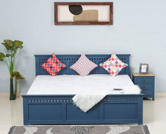 Blossom Blue Platform Bed | Mango Wood