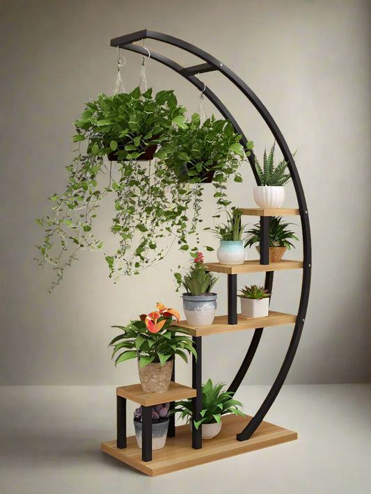Plant Stand Black Arc Shaped | Oak Wood