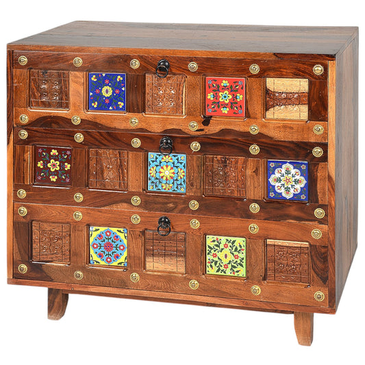 Rang Mahal Bed Side Nightstand | Hand painted Tiles | Sheesham Wood