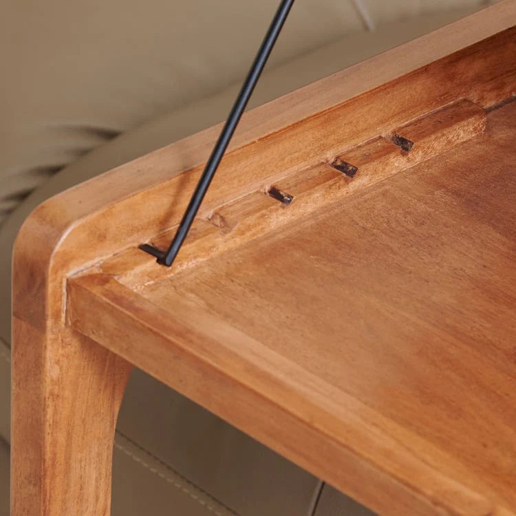 The Locus C Shape Side Laptop Table With Wheels & Lift Top | Acacia Wood