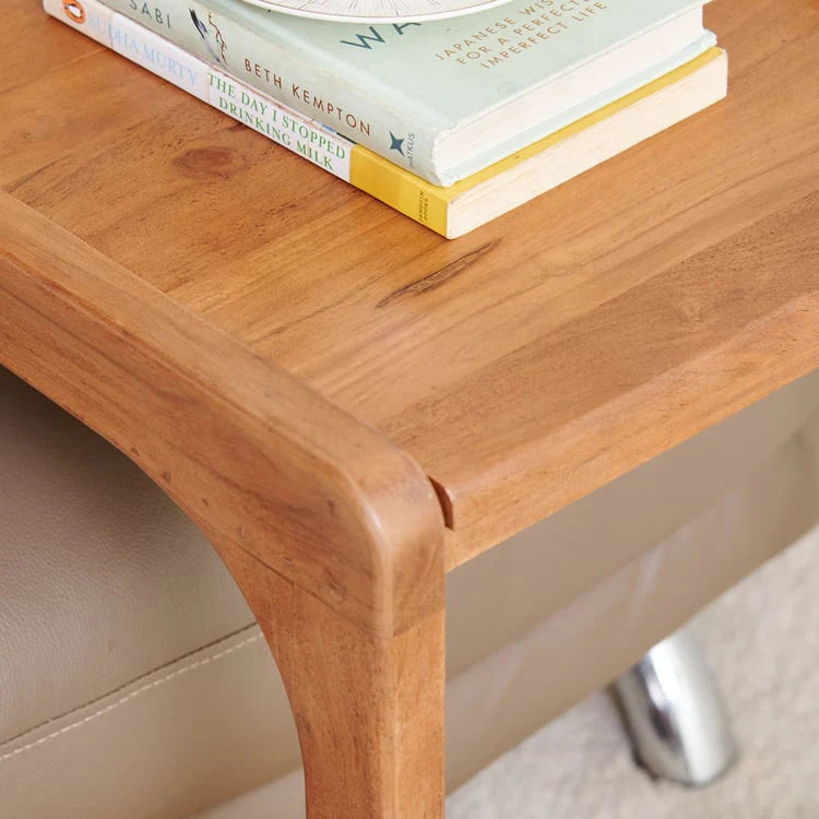 The Locus C Shape Side Laptop Table With Wheels & Lift Top | Acacia Wood