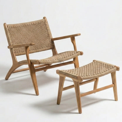 Cedarlume Outdoor Arm Chair With Stool | Premium Teak Wood & Rattan