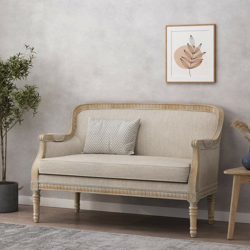 The Oxford Beaumont Beige White 2 Seater Loveseat Sofa | Teak Wood