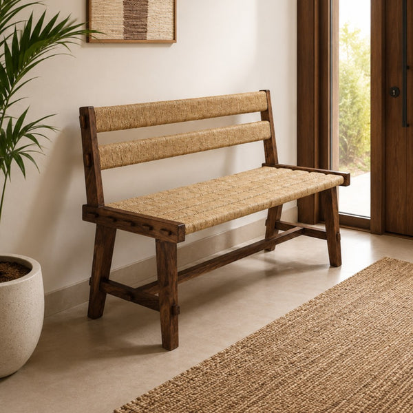 Aroha Wooden Bench Handwoven Rope | Acacia Wood