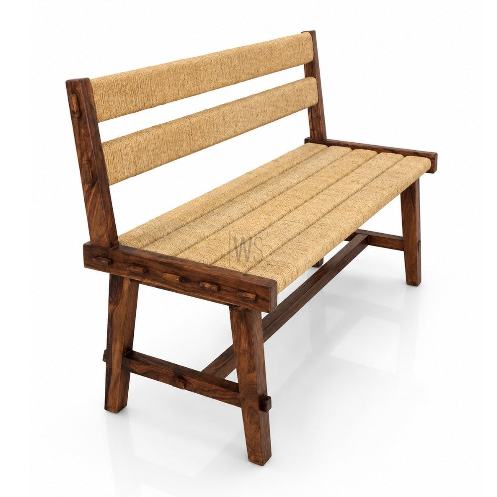 Aroha Wooden Bench Handwoven Rope | Acacia Wood