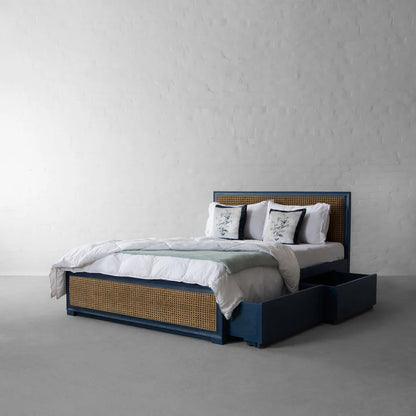 The Cartwright Blue Platform Bed With Storage | Mango Wood