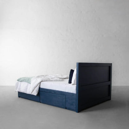 The Cartwright Blue Platform Bed With Storage | Mango Wood