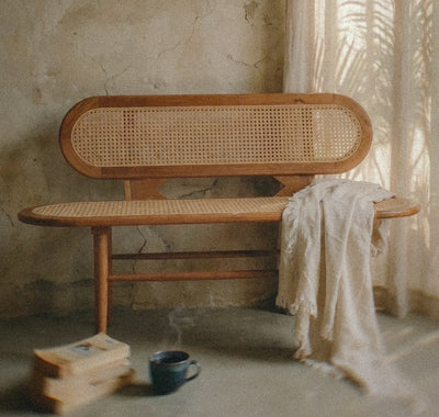 Carvona Wooden Bench Handwoven Rattan | Acacia Wood
