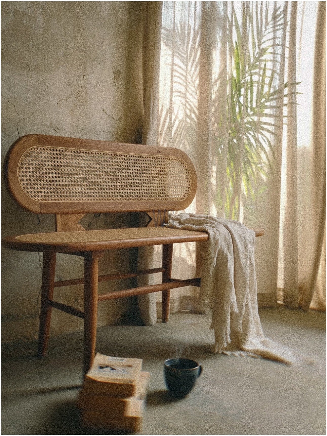 Carvona Wooden Bench Handwoven Rattan | Acacia Wood