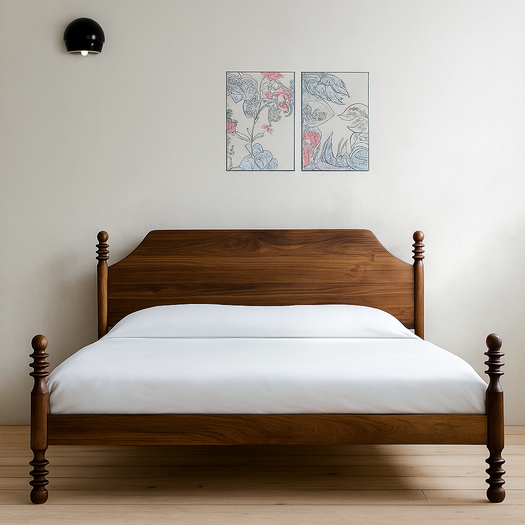 Wooden bed with white mattress in a room with light-colored walls and a dark rug.