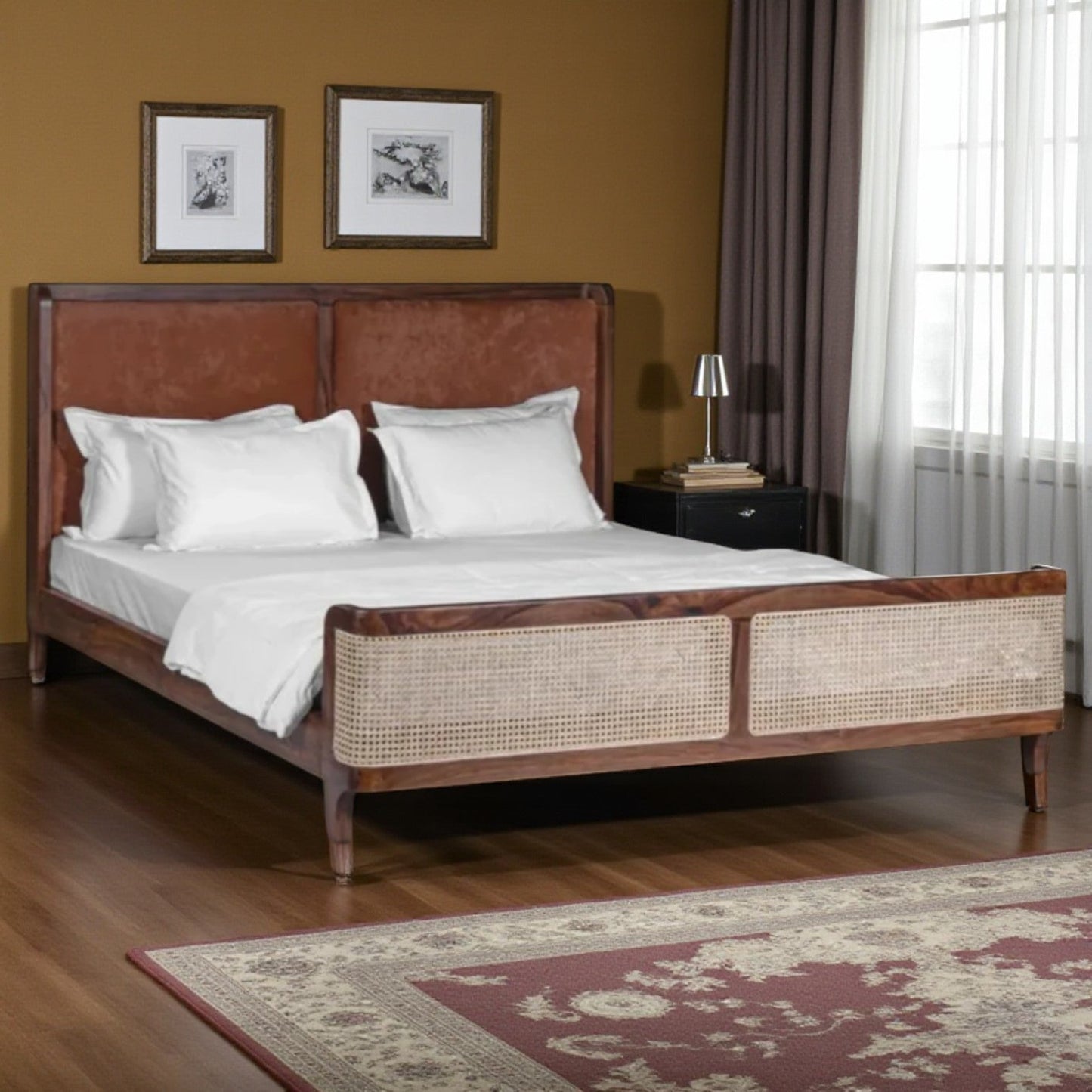 Wooden bed with white bedding in a bedroom setting