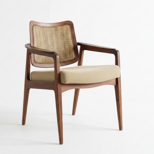 Wooden chair with woven backrest on a white background