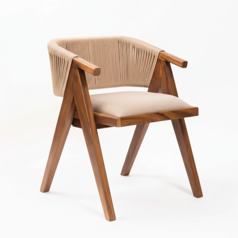 Wooden chair with woven backrest on a white background