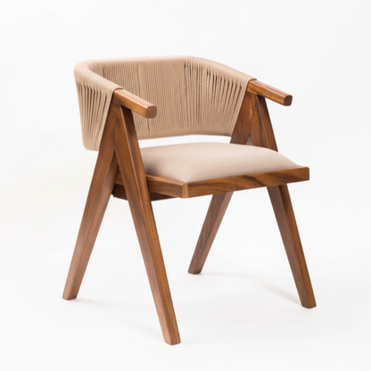 Wooden chair with woven backrest on a white background