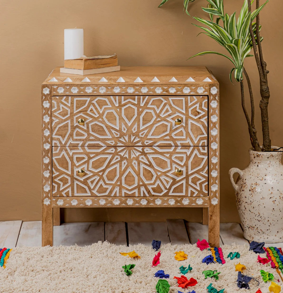 Fulwari Bedside Table Hand carved And Painted Solid Mango Wood Traditional Art #2