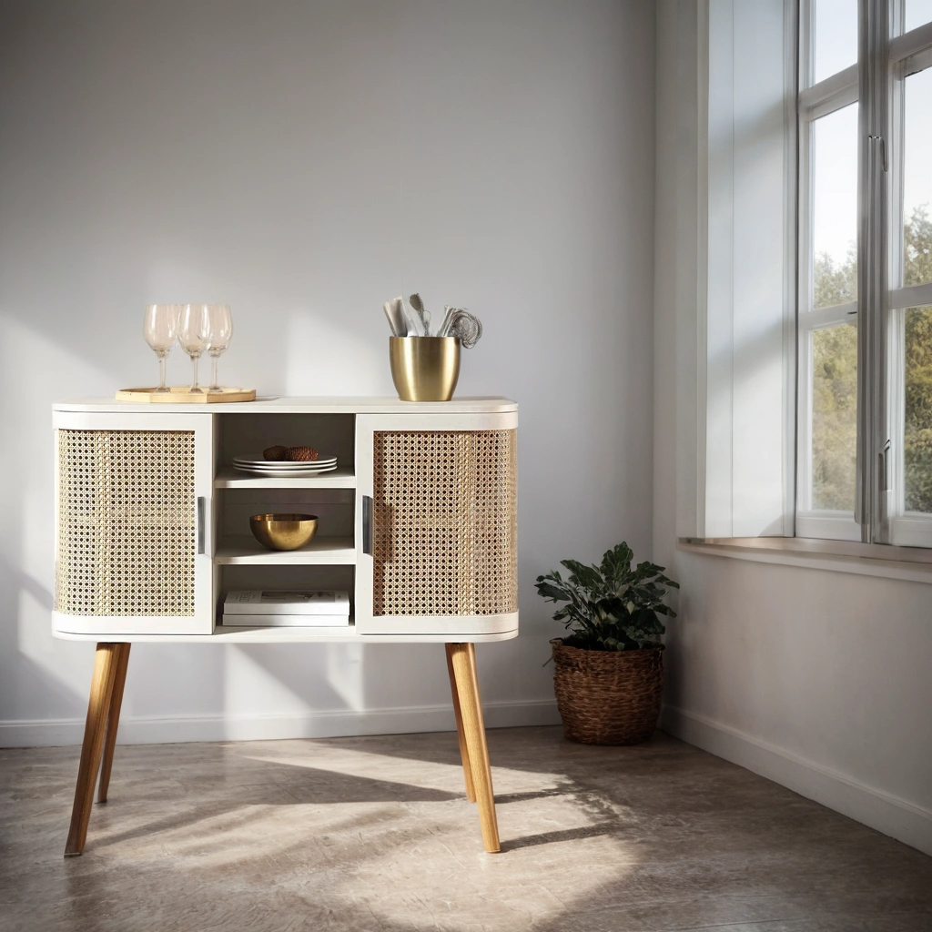 Rattan Weave White Buffet Sideboard | Mango Wood