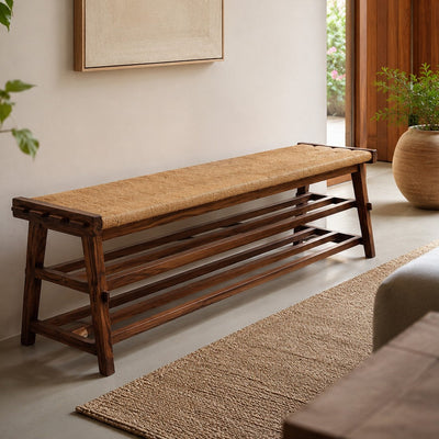 Sāmrā Wooden Bench Handwoven Rope | Teak Wood