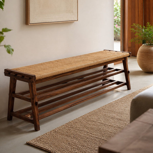 Sāmrā Wooden Bench Handwoven Rope | Teak Wood