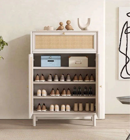 Rattan Weave White Shoe Rack 2 Door | Mango Wood