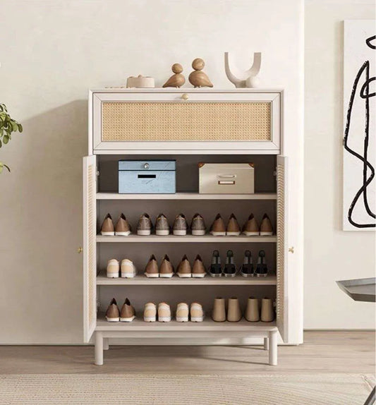 Rattan Weave White Shoe Rack 2 Door | Mango Wood
