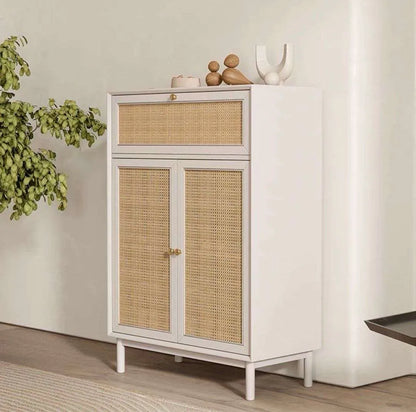 Rattan Weave White Shoe Rack 2 Door | Mango Wood