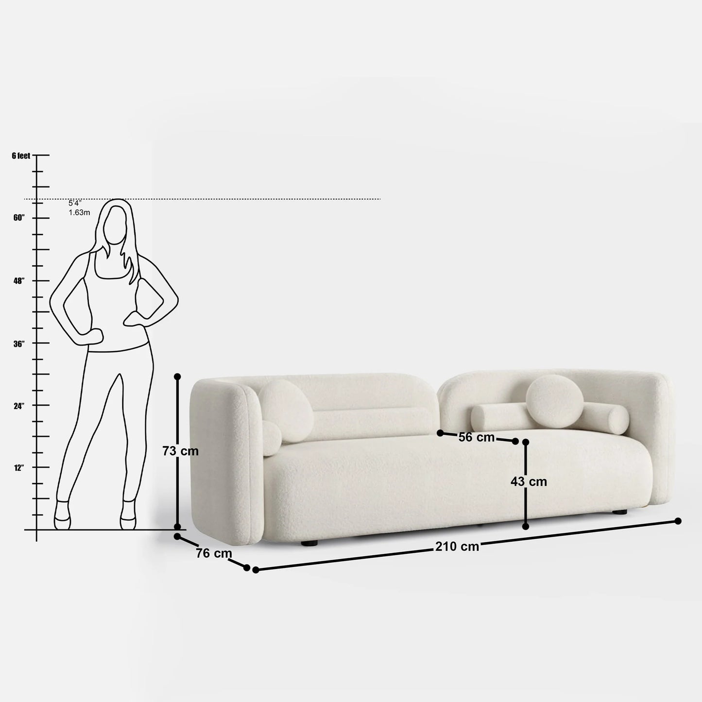 Emilia Three Seater Modern Sofa | White Boucle Fabric