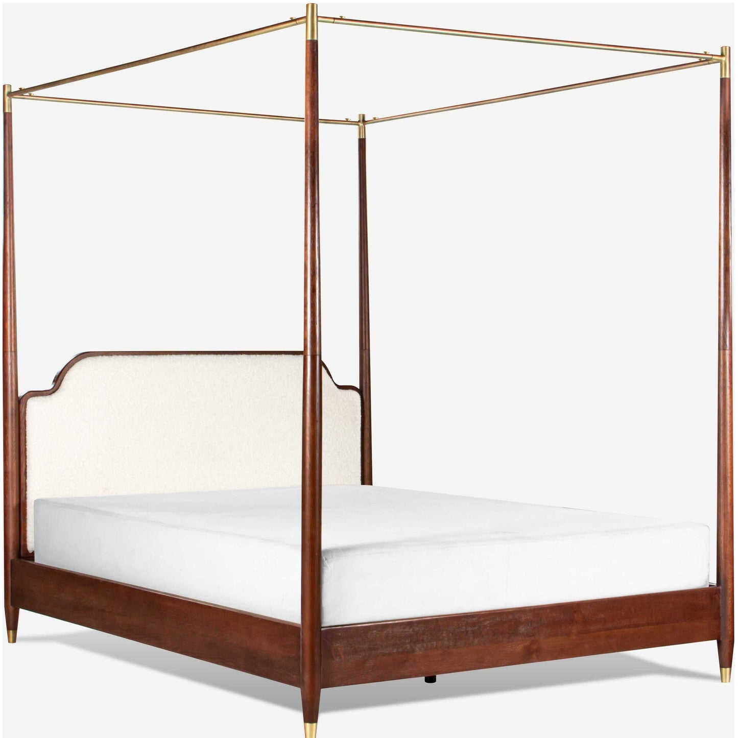 Wooden canopy bed with white bedding on a white background
