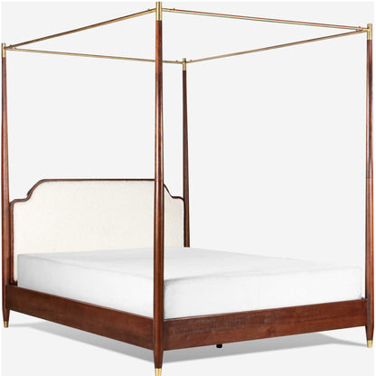 Wooden canopy bed with white bedding on a white background