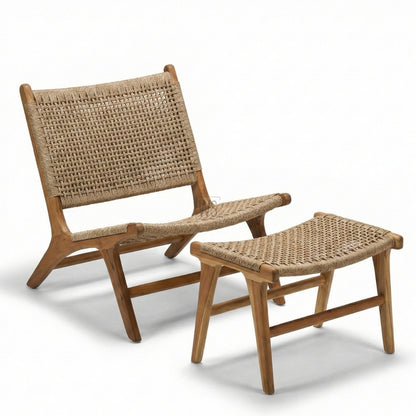 The Aurelia Outdoor Rope Chair With Stool | Premium Teak Wood