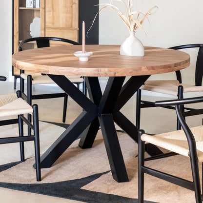 Traza Round Dining Table Wooden | Natural Finish | Metal Leg