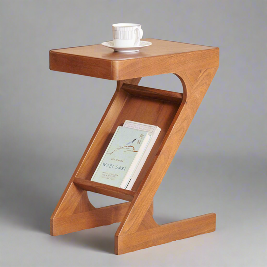 Z Shape Side & End Table With Book Storage Acacia Wood