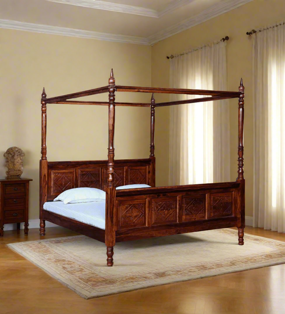 Wooden four-poster bed with white bedding on a gray background