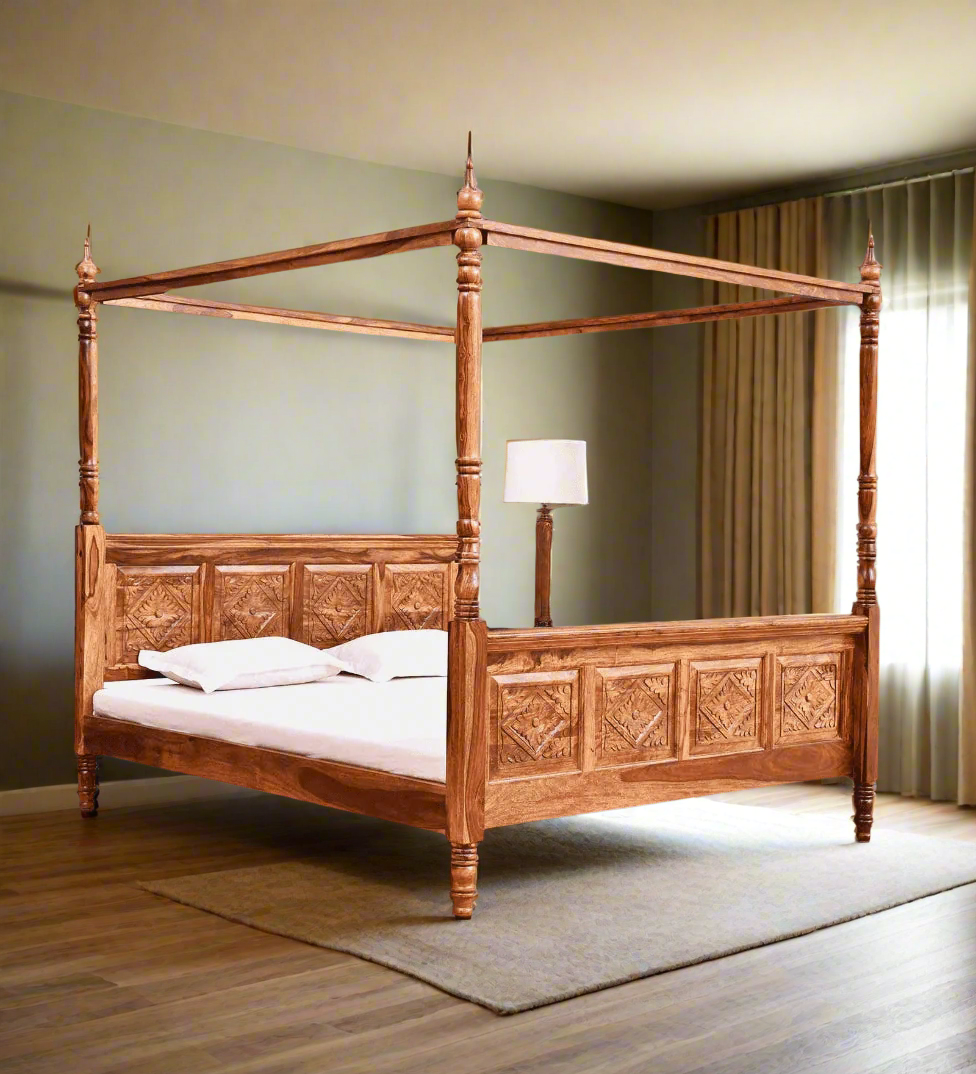 Wooden canopy bed with white bedding on a gray background
