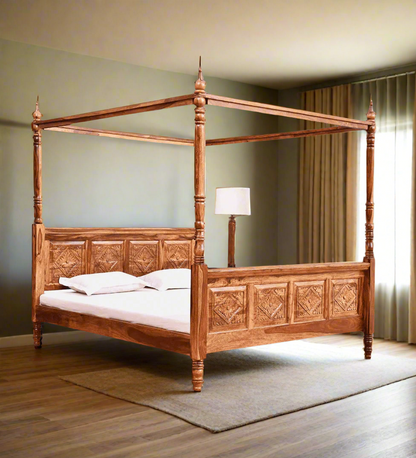Wooden canopy bed with white bedding on a gray background