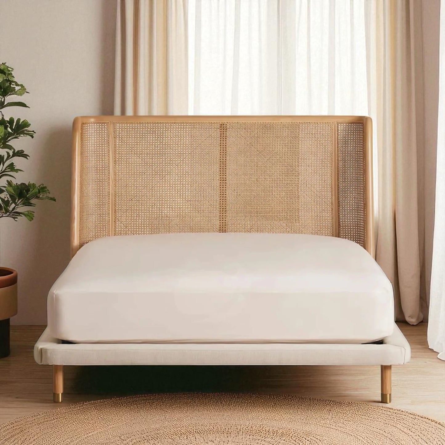 The Sovereign Rattan Cage Upholstered Bed | Teak Wood