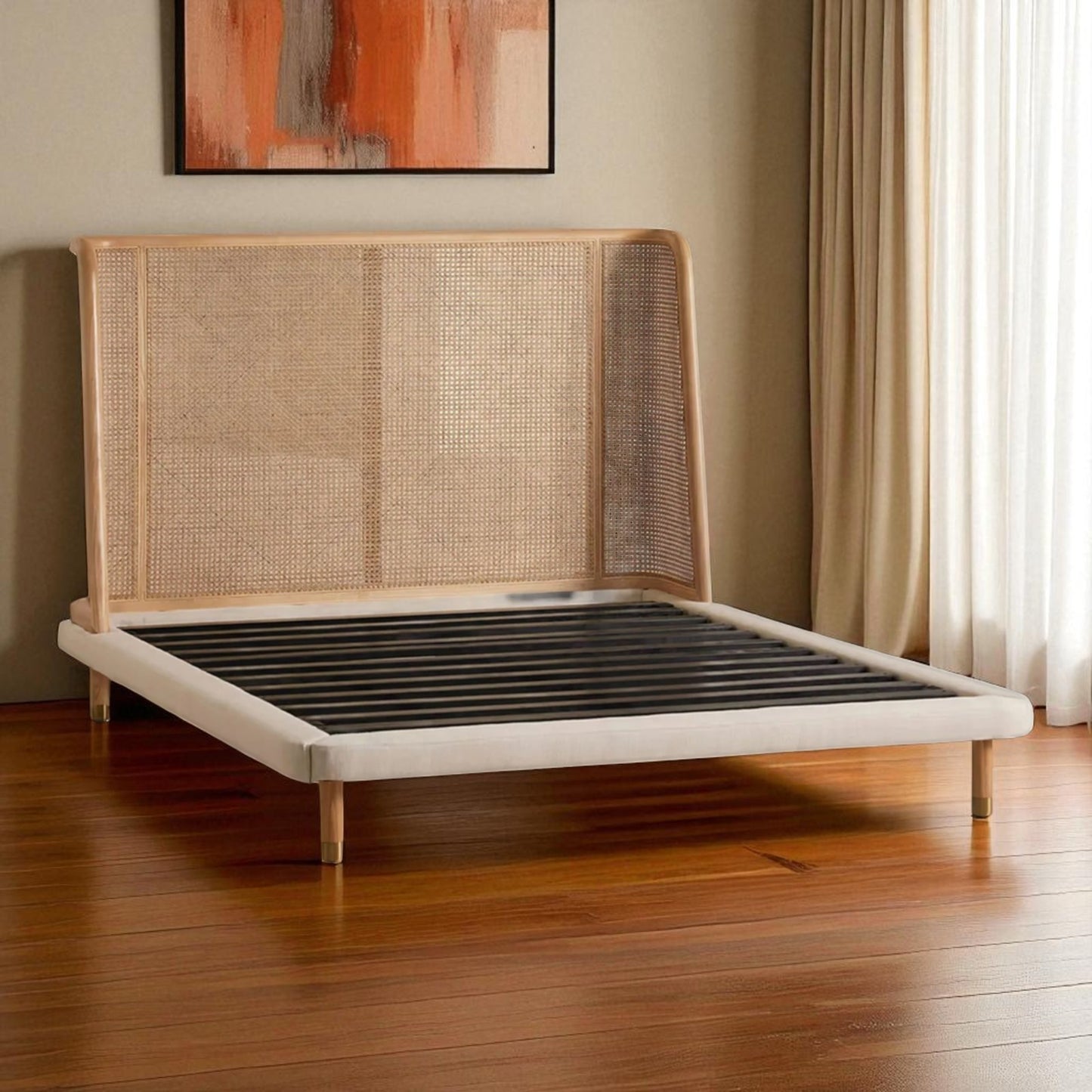The Sovereign Rattan Cage Upholstered Bed | Teak Wood