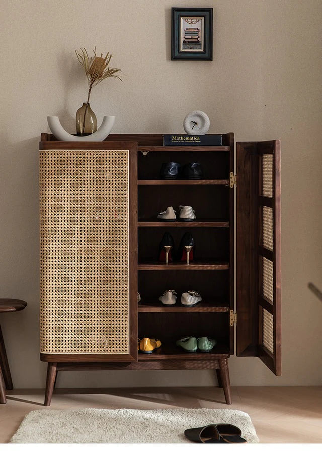Rattan Weave Shoe Rack | Sheesham Wood